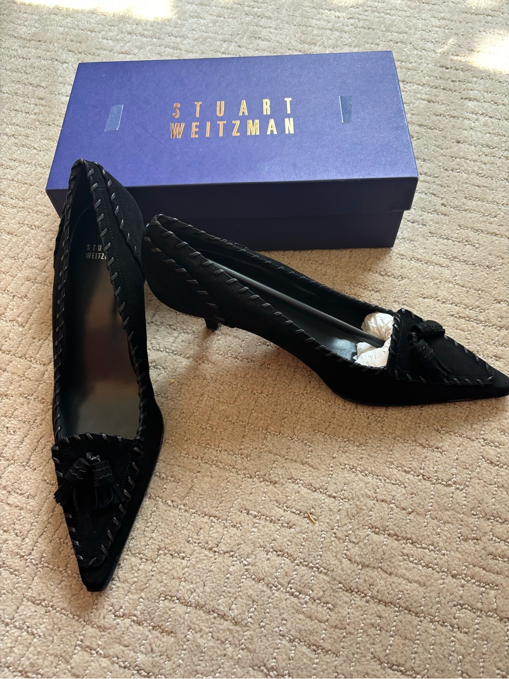 NEVER WORN Stuart Weitzman Black Suede Pointed Toe Braided Tassel Kitten Heels